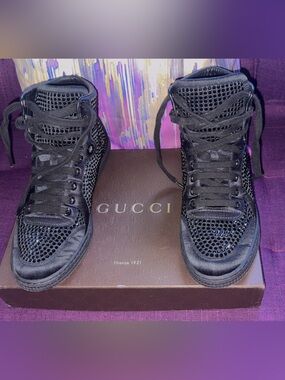 Gucci Black High-Top Mesh & Leather Sneaker, comes with box